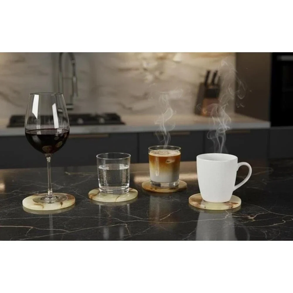 Green Onyx Coasters Set of 6 with Holder | Heavy Natural Stone Drink Coasters